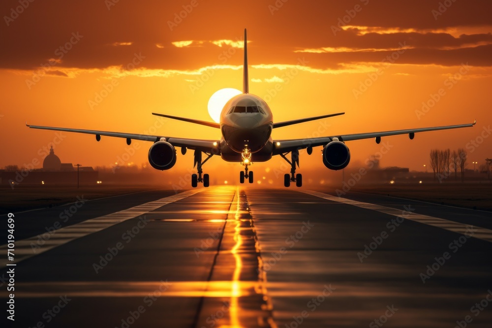 Poster passenger plane at the airport on the runway. background with selective focus and copy space