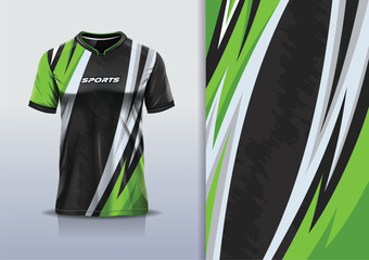 T-shirt mockup with abstract curve line racing jersey design for football, soccer, racing, esports, running, in green color	