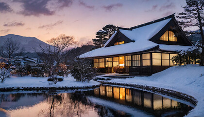 Fototapeta premium Serenity at sunset: Traditional Japanese house with a dark Onsen, nestled in a classic garden, embodying tranquility and timeless elegance