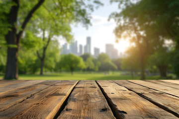 Foreground Wooden Table, Blurred City Park Background, Metropolitan Greenery
