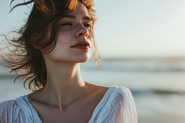 A fiery-haired surfer girl with a sun-kissed complexion and beachy waves poses in stylish clothing, showcasing her unique freckles and natural beauty - obrazy, fototapety, plakaty