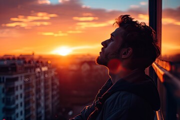Fototapeta premium As the sun sets behind the city, a solitary figure stands at the window, their face backlit by the warm glow, lost in thought amidst the clouds and endless sky