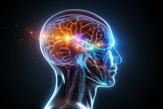 Hologram of the human brain. Background with selective focus and copy space