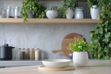 A delicate houseplant sits in a pristine white flowerpot, surrounded by a collection of elegant ceramic serveware and a rustic wooden pitcher, creating a peaceful and charming scene on the kitchen ta