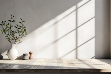 A vibrant houseplant sits on a white table, its flowerpot casting a delicate shadow against the wall as a curious cat perches on the windowsill, gazing at the outdoor world beyond