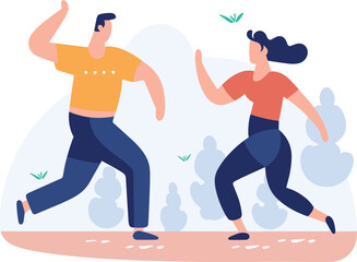 Man and woman running together outdoors. Both are dressed in casual sportswear and look active. Fitness exercise and couple workout vector illustration.