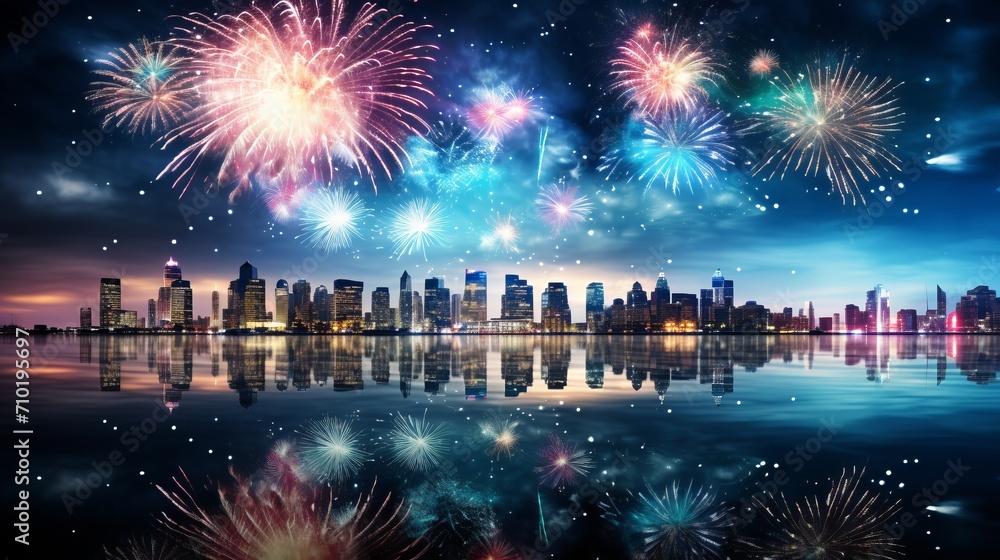 Poster blurred bokeh effect fireworks display exploding in night sky with blurred city skyline