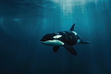 A majestic cetacean glides gracefully through the tranquil depths, its sleek black and white form a stunning contrast against the endless blue of the ocean