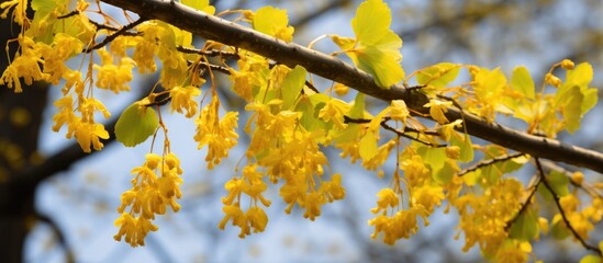 Norway maple tree's stems with small yellow flowers.