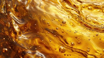 Serum oil with bubbles, motor oil concept background, gold fluid texture	