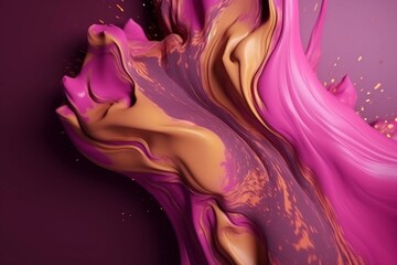 Abstract background with swirling liquid in pink and magenta hues adorned with gold powder. Generative AI