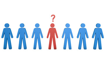 A Single, Prominent Red Question Mark Figure Amongst a Series of Blue Silhouettes on a White Background. Concept of doubt, uncertainty, individuality and curiosity.