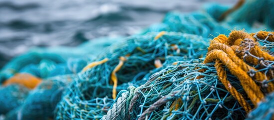 Plastic fishing nets in Travemunde harbor, Baltic Sea, copy space, focused, shallow depth.