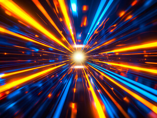 Abstract futuristic background high speed straight blue yellow lines and bokeh glowing neon moving. High speed futuristic travel concept. Sending data