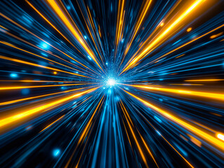 Abstract futuristic background high speed straight blue yellow lines and bokeh glowing neon moving. High speed futuristic travel concept. Sending data