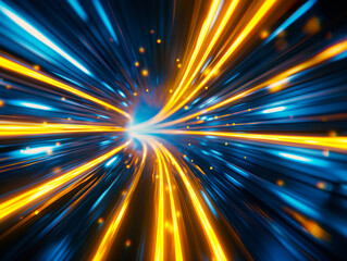 Abstract futuristic background high speed straight blue yellow lines and bokeh glowing neon moving. High speed futuristic travel concept. Sending data