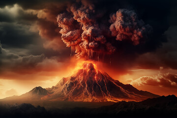 Vulcan eruption destruction of mountain lava crater in the rock  - obrazy, fototapety, plakaty