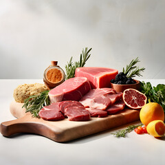 Minimal food photography. Stack of Fresh Raw Meat on a Table. Still life concept.  Raw meat and vegetables.