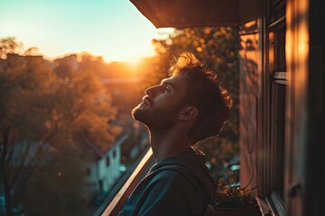As the warm light of the sunset casts a golden glow through the window, a solitary figure stands mesmerized by the ever-changing sky, lost in thought as they watch the world transition from day to ni