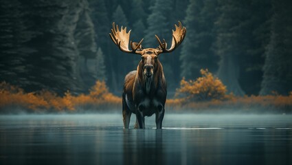 Moose standing in the lake - obrazy, fototapety, plakaty