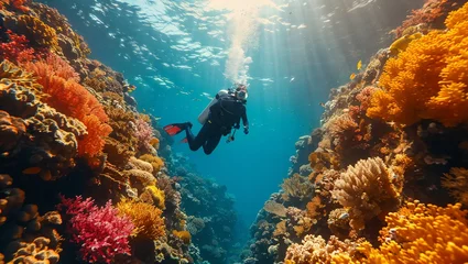 Rolgordijnen scuba dives in the tropical coral sea, beautiful coral reef © akarawit