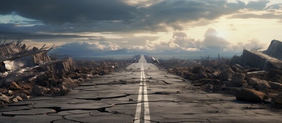 Obraz premium Driving on deserted asphalt road post-earthquake.