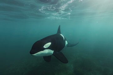 Obraz premium A majestic cetacean glides gracefully through the deep blue sea, its sleek black and white body glistening in the sunlight as it navigates the underwater world with its powerful fin