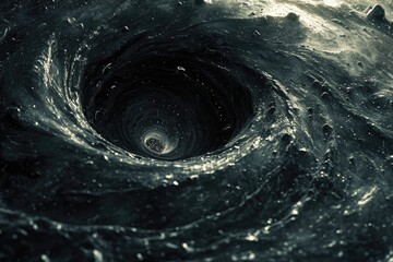 A mesmerizing tropical cyclone of swirling water engulfs the serene nature of a black hole in space, creating a vortex of both beauty and destruction
