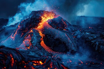 Nature's fiery fury engulfs the serene mountain as a volcanic eruption unleashes a scorching stream of lava into its depths