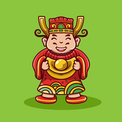 Cute Chinese New Year Fortune God Holding Gold Money. Chinese new year. Cartoon cute God of wealth holding gold 