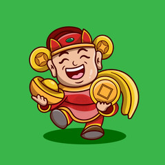 Cute Chinese New Year Fortune God Holding Gold Money. Chinese new year. Cartoon cute God of wealth holding gold 
