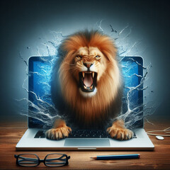 Um leão feroz saindo da tela de um laptop - obrazy, fototapety, plakaty