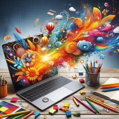 esplosão de cores saindo da tela de um laptop - obrazy, fototapety, plakaty