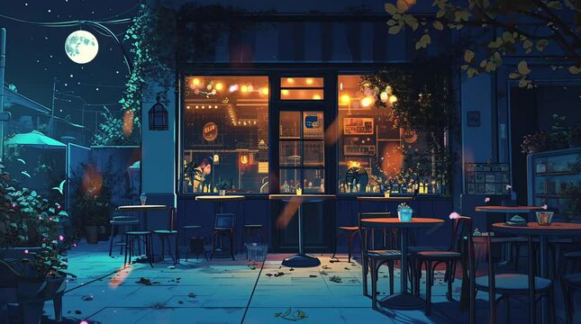 beautiful cafe at night Seamless looping 4k time-lapse virtual video animation background. Generated AI