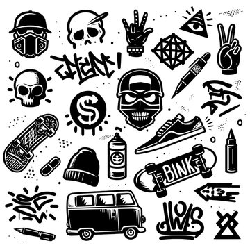 Urban street culture icons set in doodle monochrome. Graffiti and skateboarding symbols in black and white, perfect for urban lifestyle branding sketch