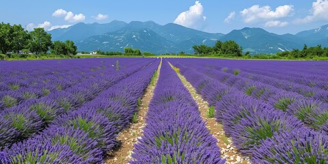 Lavender Fields with Mountain Backdrop Under Clear Skies