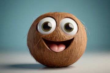 A 3D animated coconut with a cheerful face against a teal background