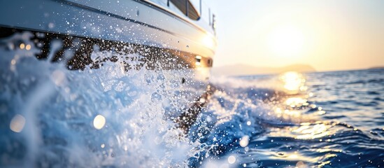 High quality photograph of a yacht sailing in the open sea, capturing a close-up side view with splashes of water against a clear sky after rain. - obrazy, fototapety, plakaty