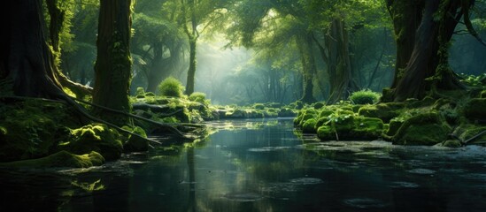 Enchanting forest with water surroundings.