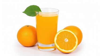 Orange juice and oranges with leaves.white background, for banner background