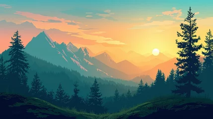 Fotobehang Vector illustration of a mountain landscape at sunset © Jennifer