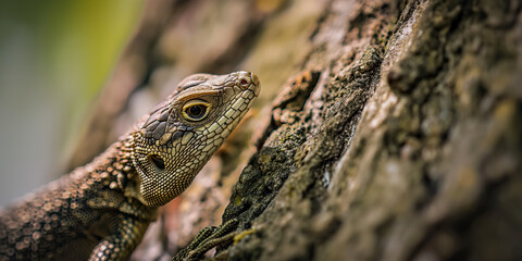 Naklejka premium Close Up of a Lizard Perched on a Tree Branch
