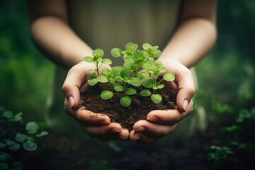 Hands Cradling Young Seedlings in Rich Soil Against a Soft Natural Background