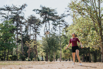 Fototapeta na wymiar Fit athlete training outdoors, performing football freestyle tricks with a soccer ball, enjoying a sunny day in the park.
