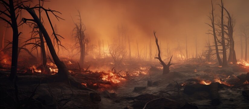 Resulting from a mountain forest wildfire, charred trees and bushes in foggy weather. Environmental catastrophe.