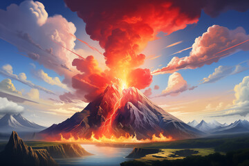 Volcano eruption in the sky with clouds scene at daytime