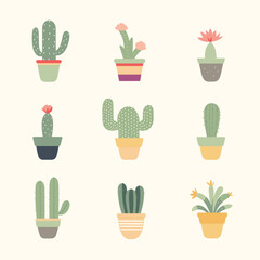 Collection of various cacti in colorful pots. Minimalist cactus set design. Desert plants and succulents vector illustration. Home decor and houseplants concept.