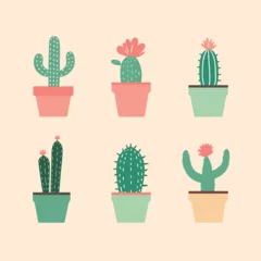 Papier Peint photo Cactus en pot Six different cacti in colorful pots, simple flat design. Home decor, indoor plants, cute cacti collection vector illustration.