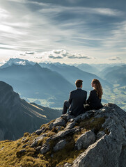 Zwei Businessleute sitzen auf einem Gipfel in den Schweizer Alpen und schauen zuversichtlich in die Landschaft