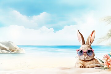 cute bunny with sunglasses lies on the beach.  space for text